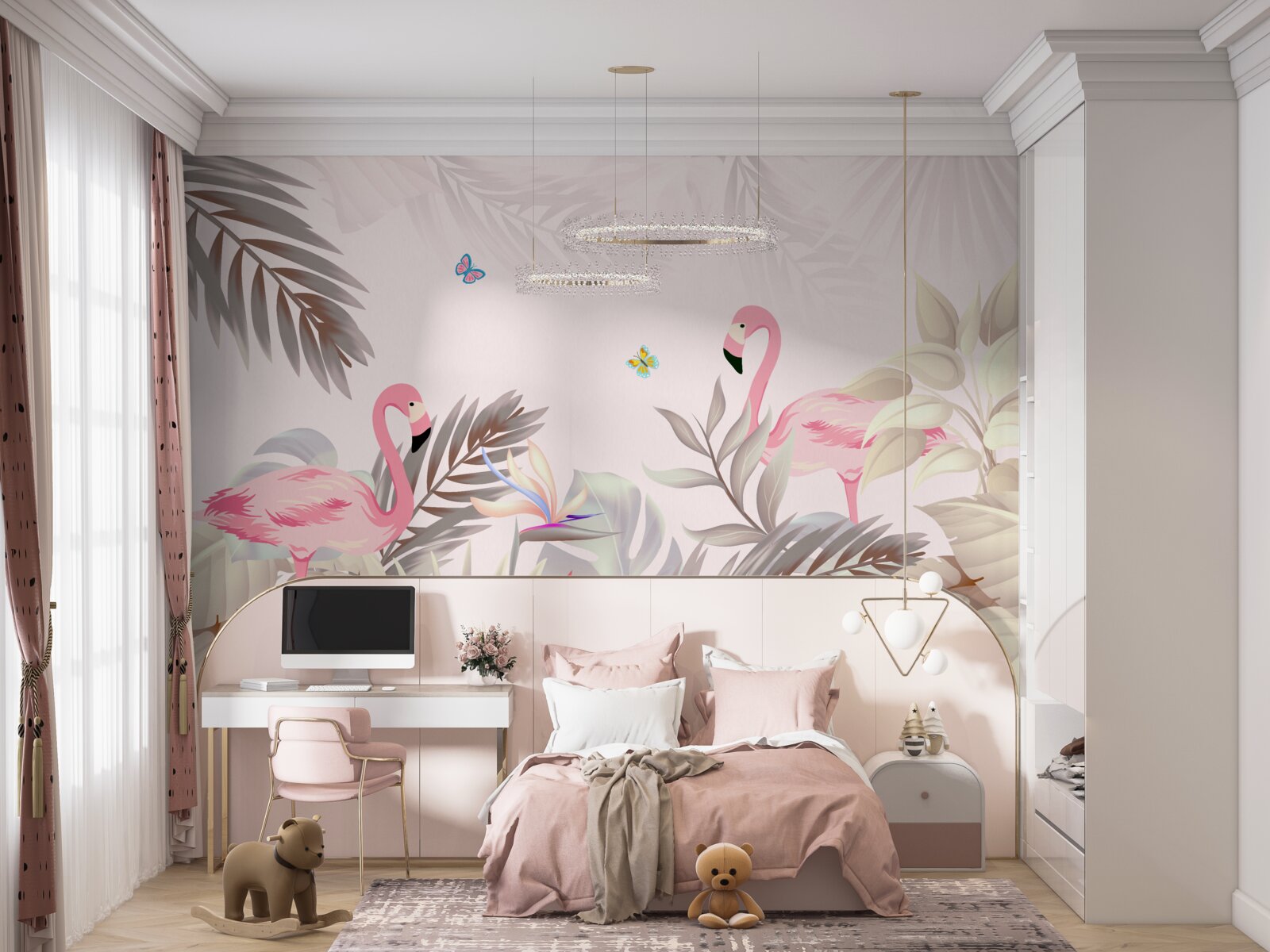 Papier peint flamant rose parmi les arbres