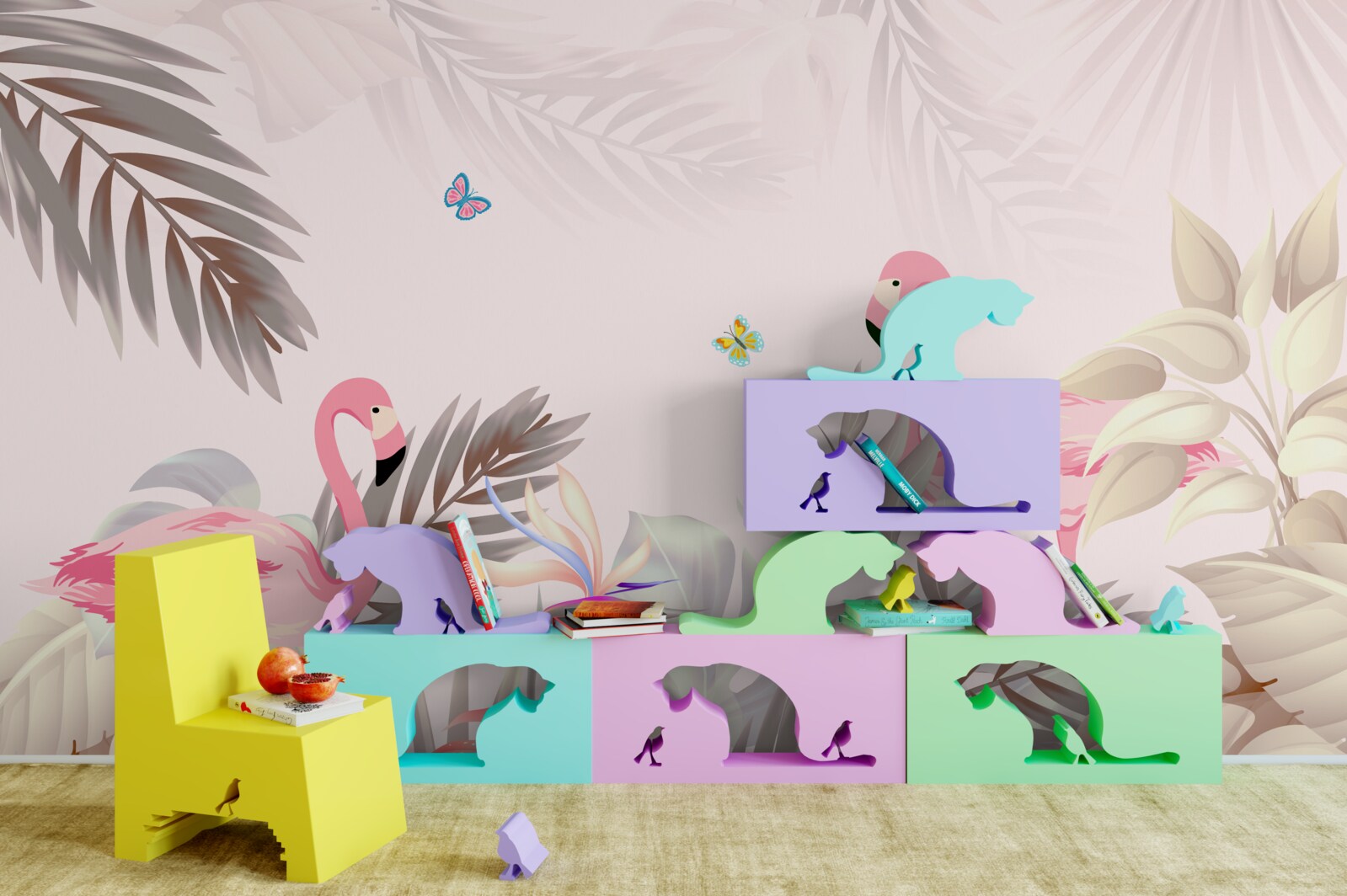 Papier peint flamant rose parmi les arbres