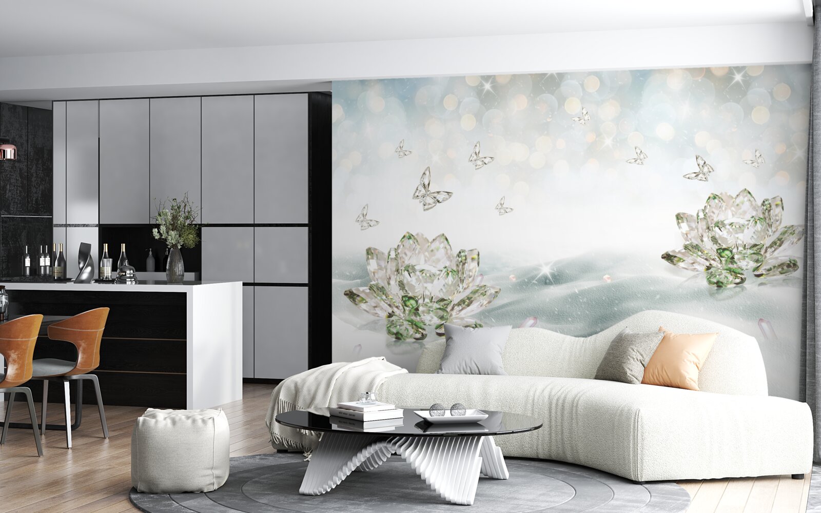 Papier peint fleurs et papillons en verre