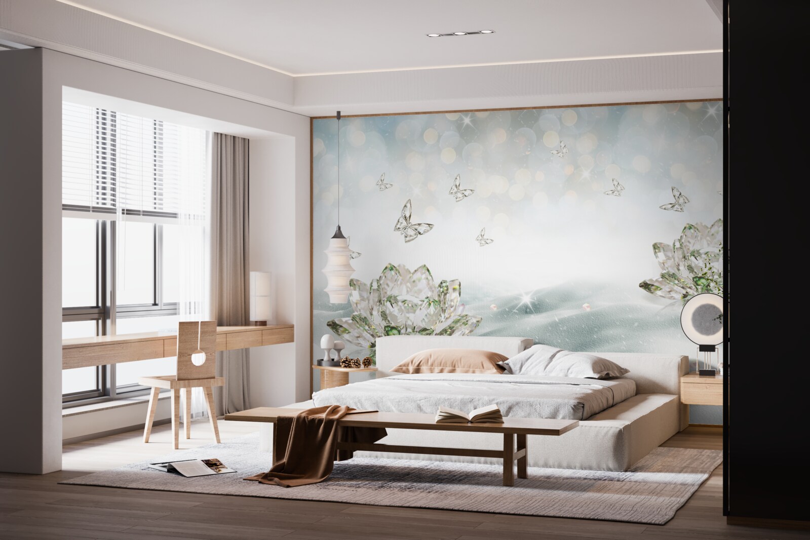 Papier peint fleurs et papillons en verre