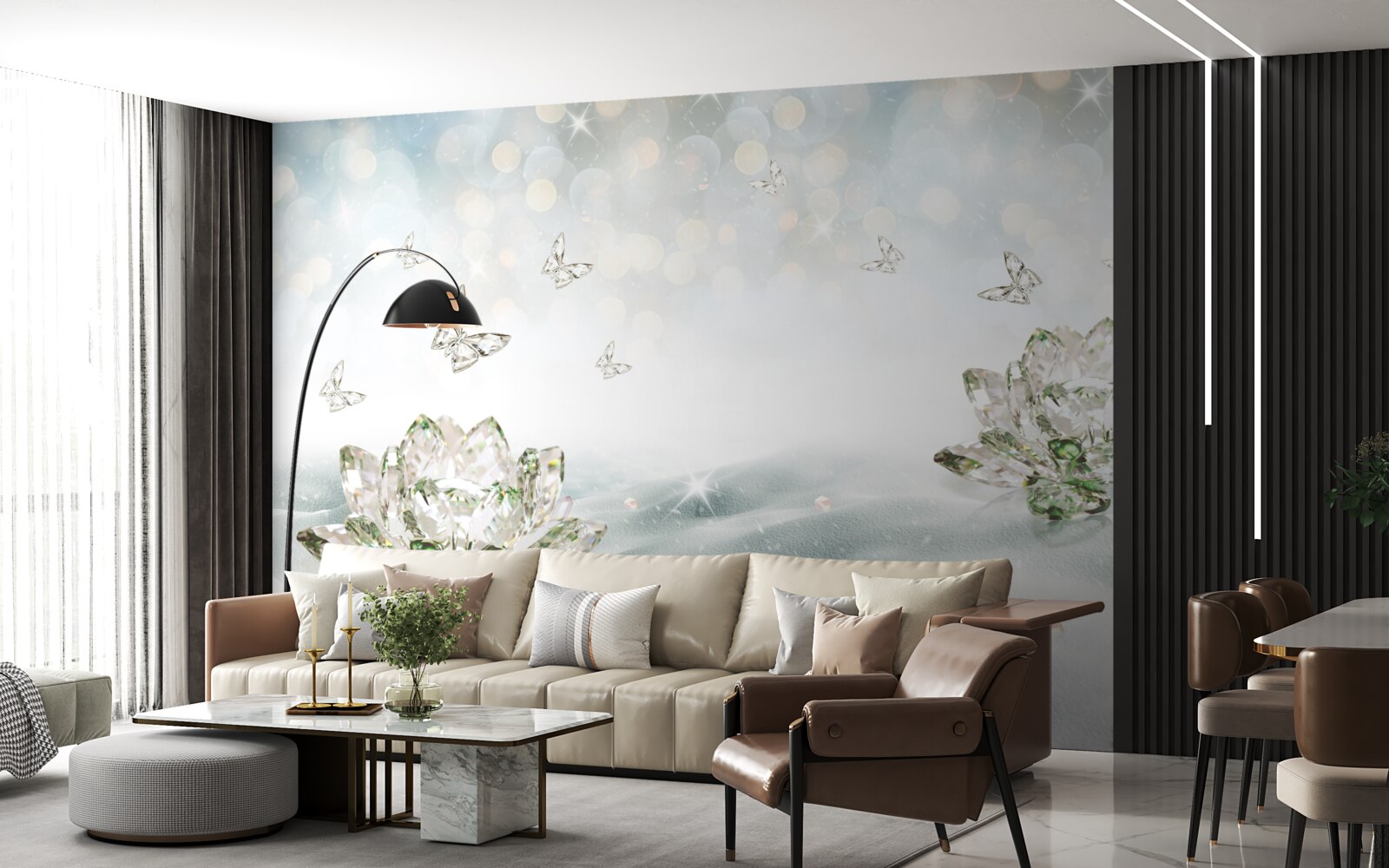 Papier peint fleurs et papillons en verre