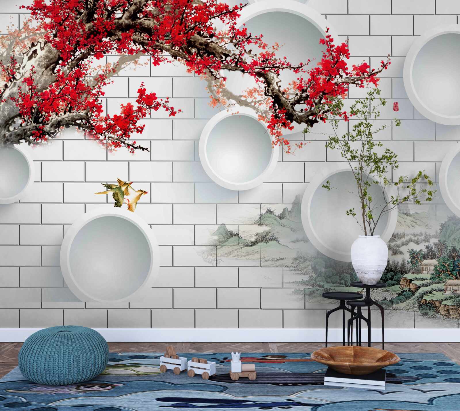 Papier peint cercles en style géométrique et paysage