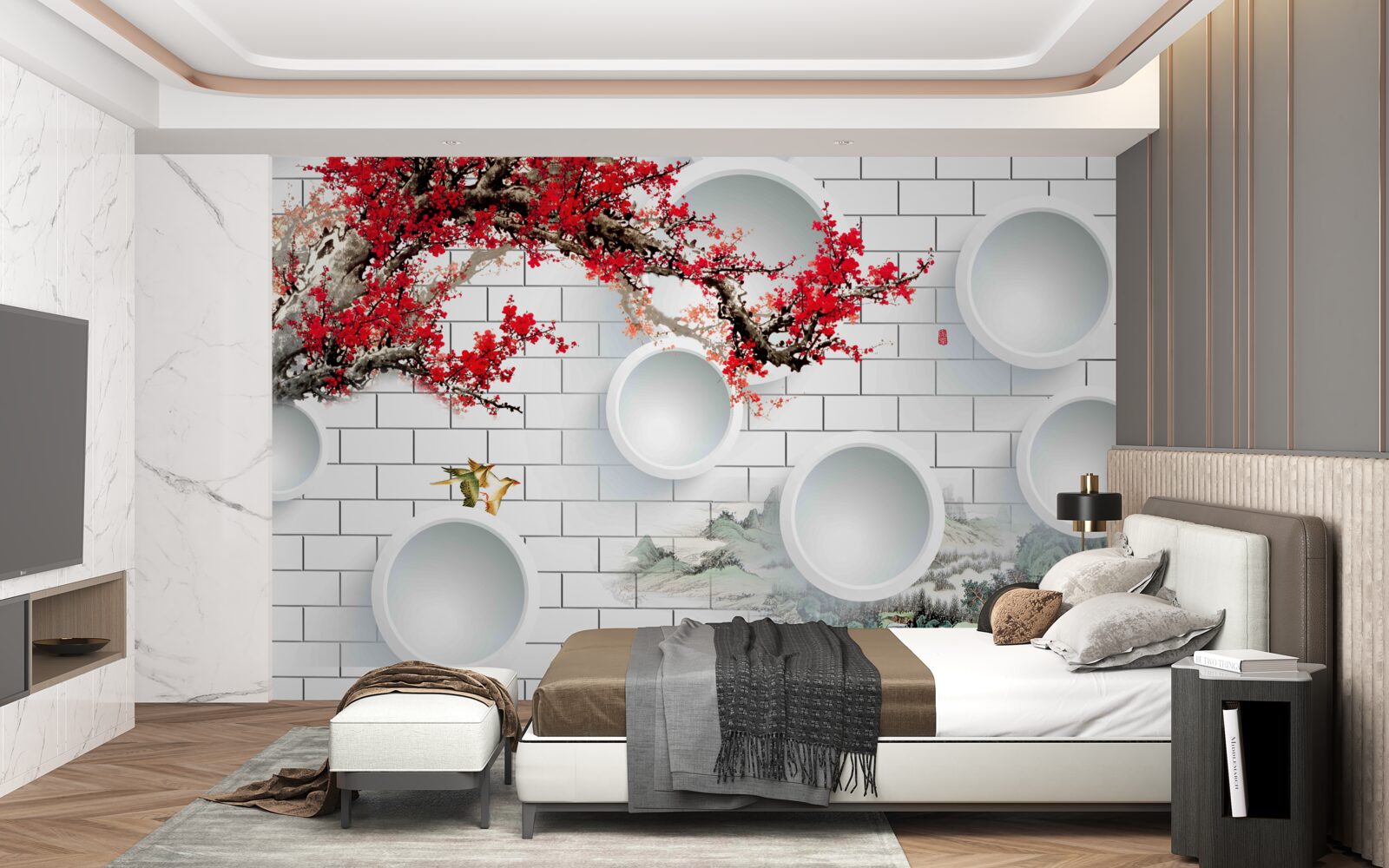 Papier peint cercles en style géométrique et paysage