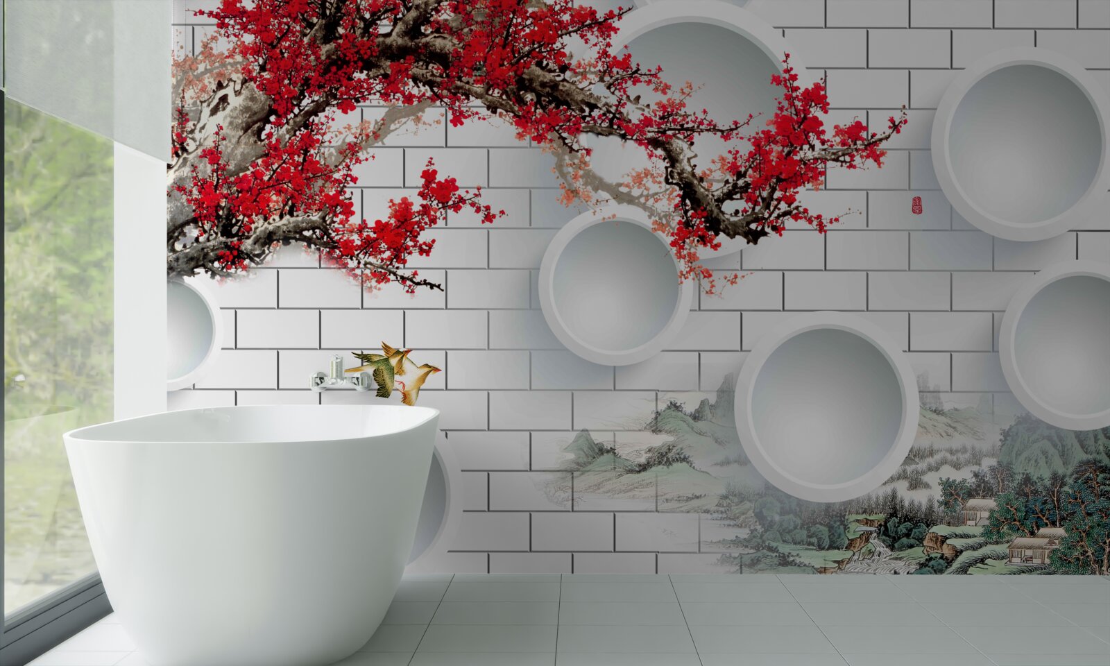 Papier peint cercles en style géométrique et paysage