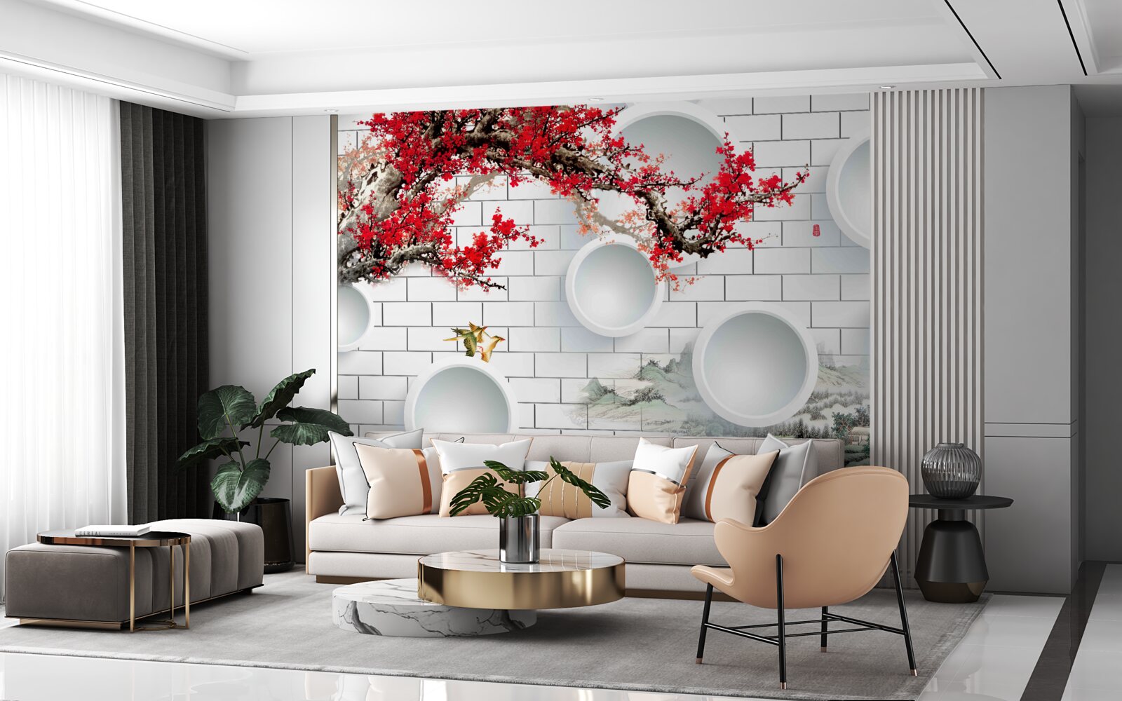 Papier peint cercles en style géométrique et paysage