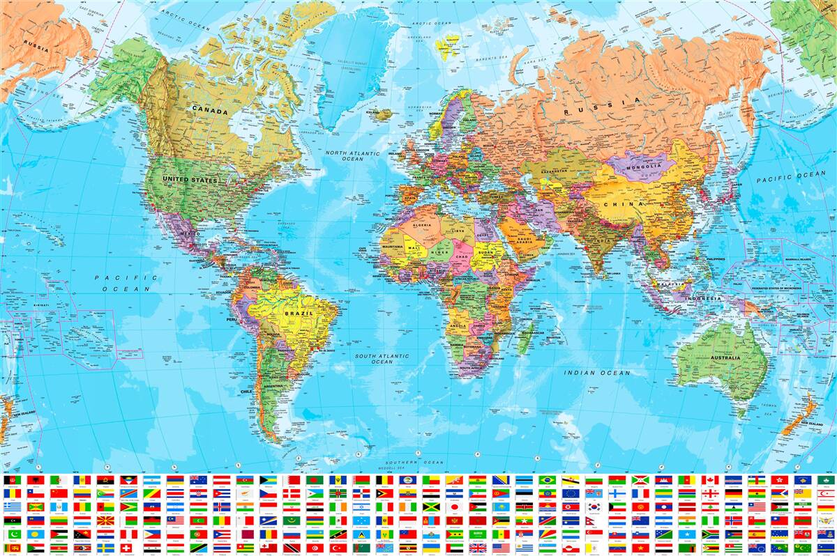 Papier peint carte du monde montrant les drapeaux des pays