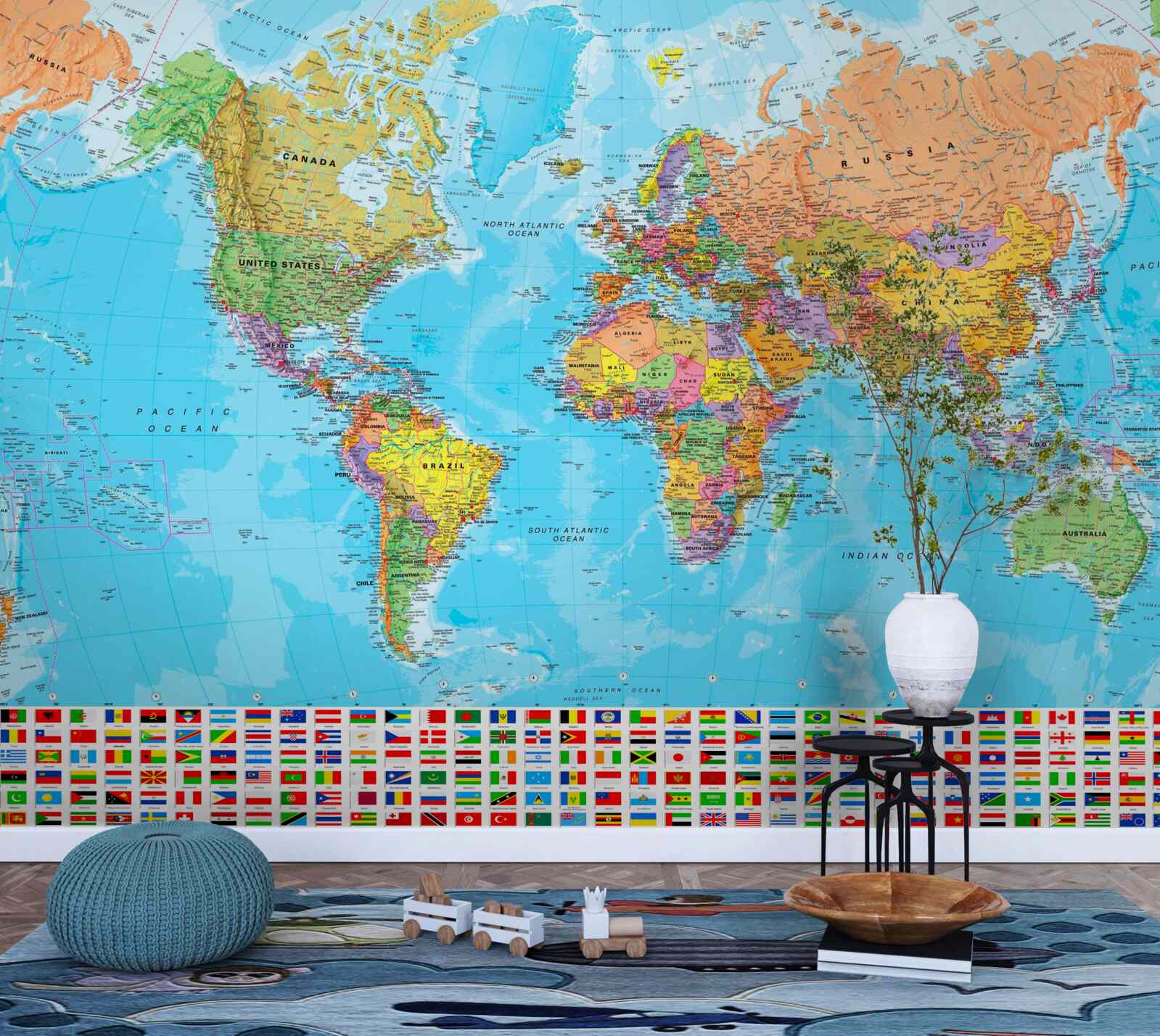 Papier peint carte du monde montrant les drapeaux des pays