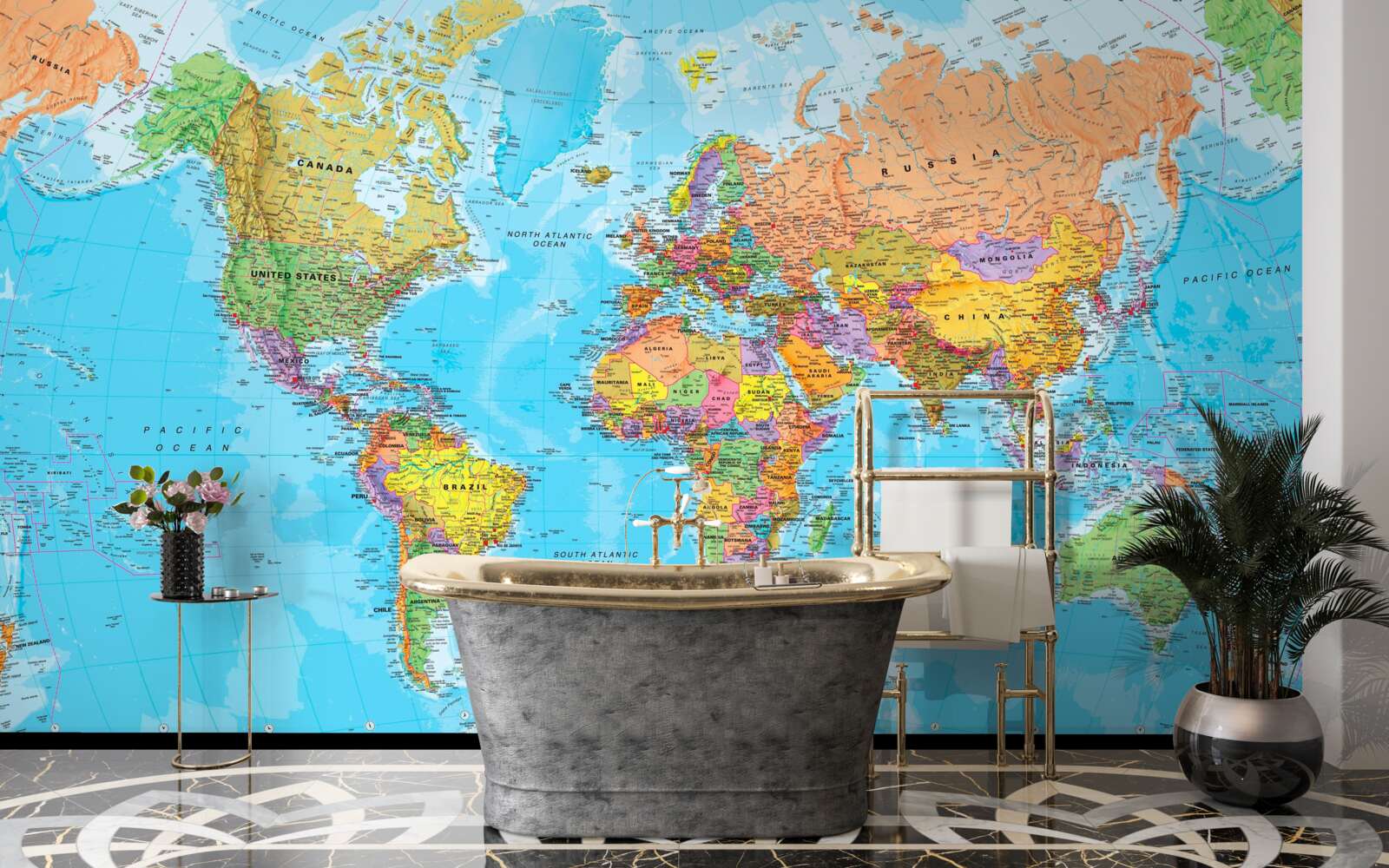 Papier peint carte du monde montrant les drapeaux des pays