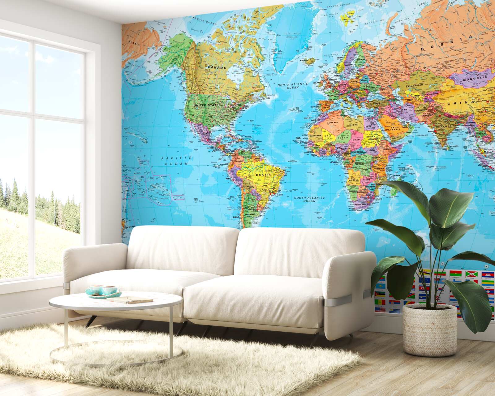 Papier peint carte du monde montrant les drapeaux des pays