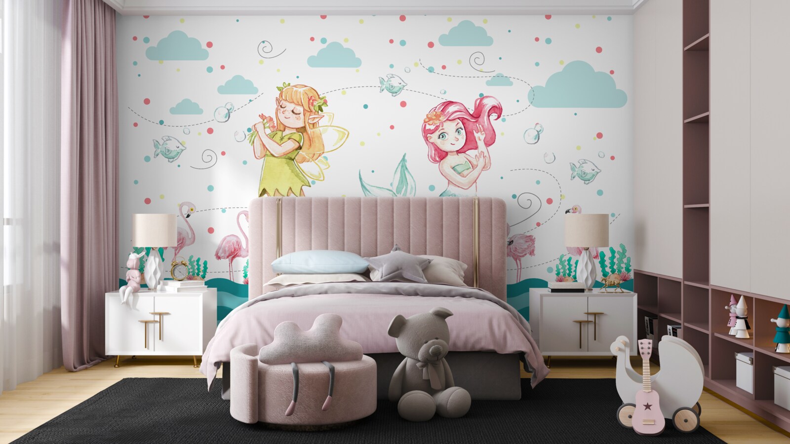 Papier peint près de l'eau, il y a des mauves et un arbre à sirènes