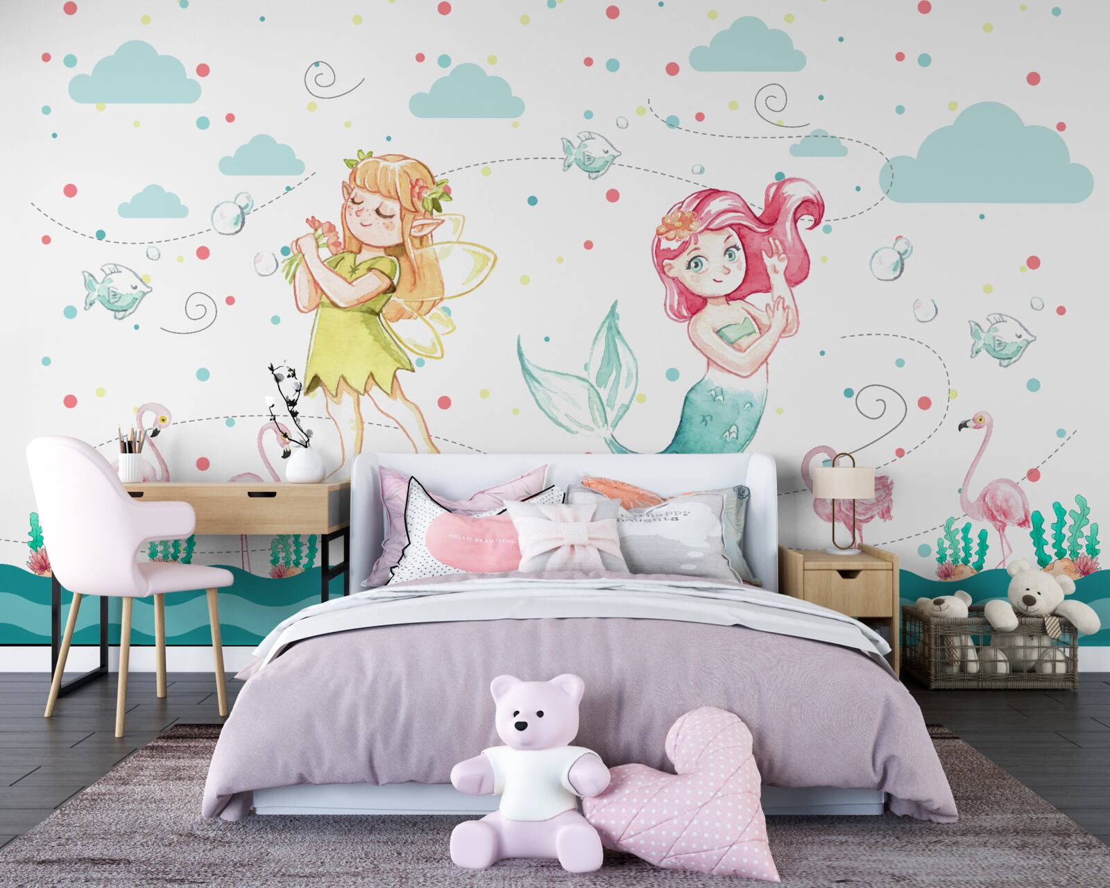 Papier peint près de l'eau, il y a des mauves et un arbre à sirènes