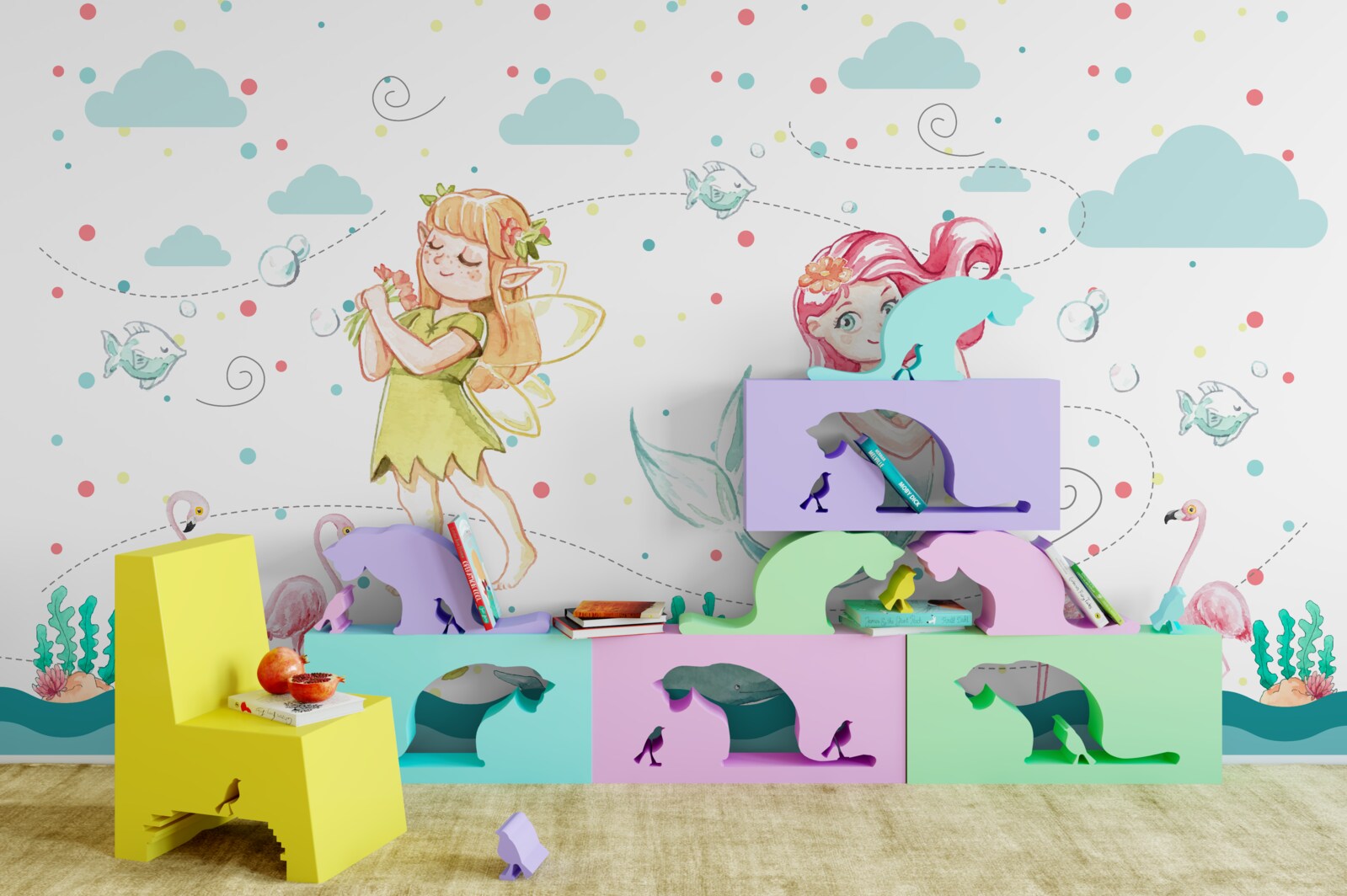 Papier peint près de l'eau, il y a des mauves et un arbre à sirènes