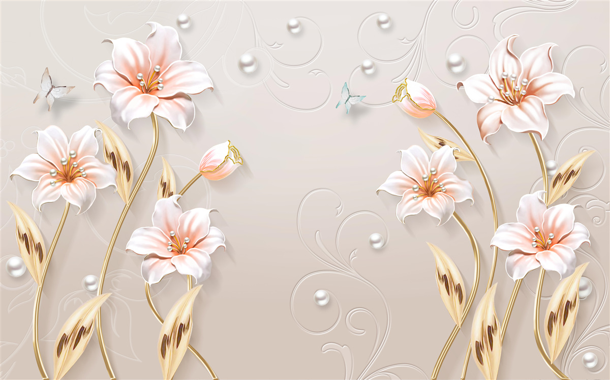 Papier peint fleurs en métal et nacre