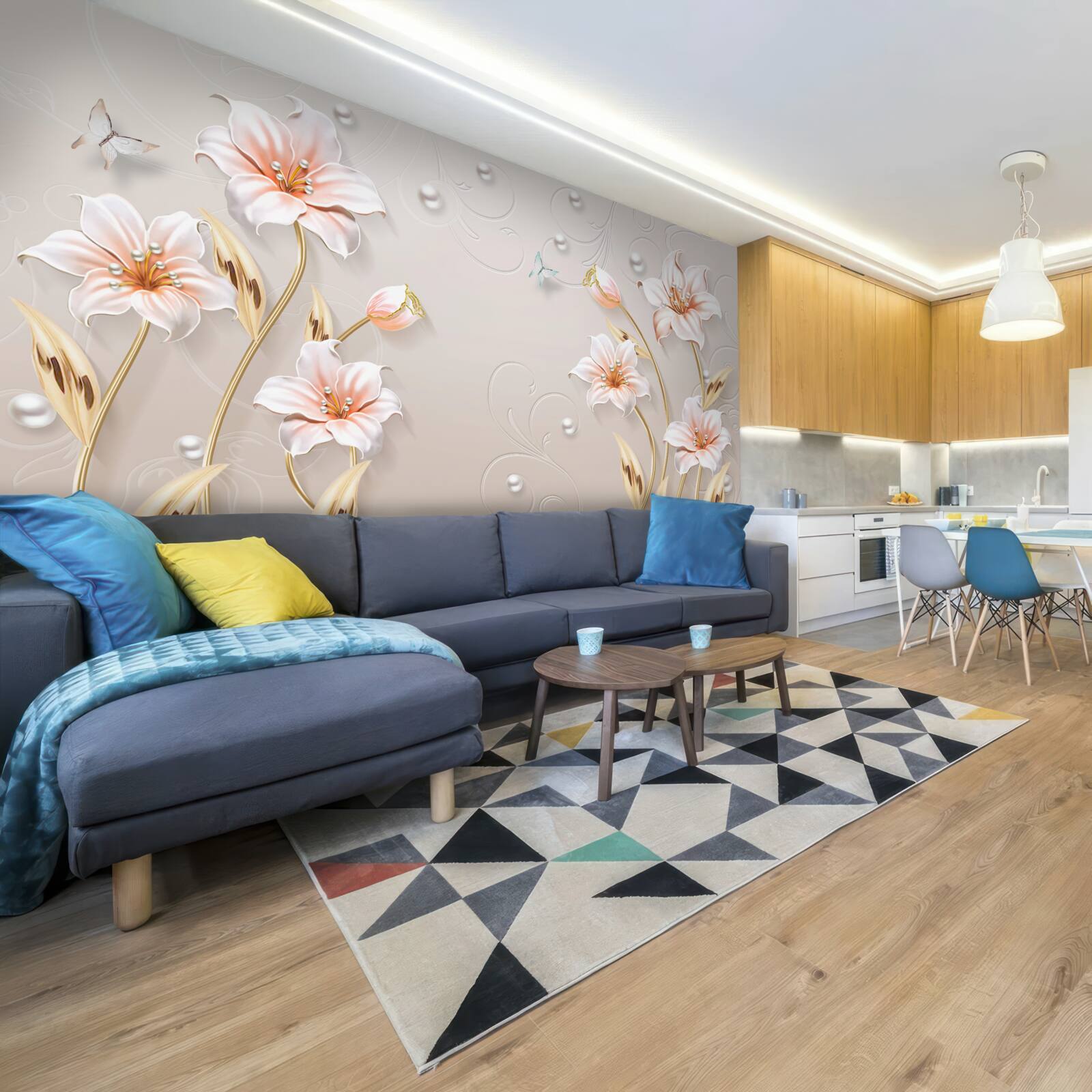 Papier peint fleurs en métal et nacre