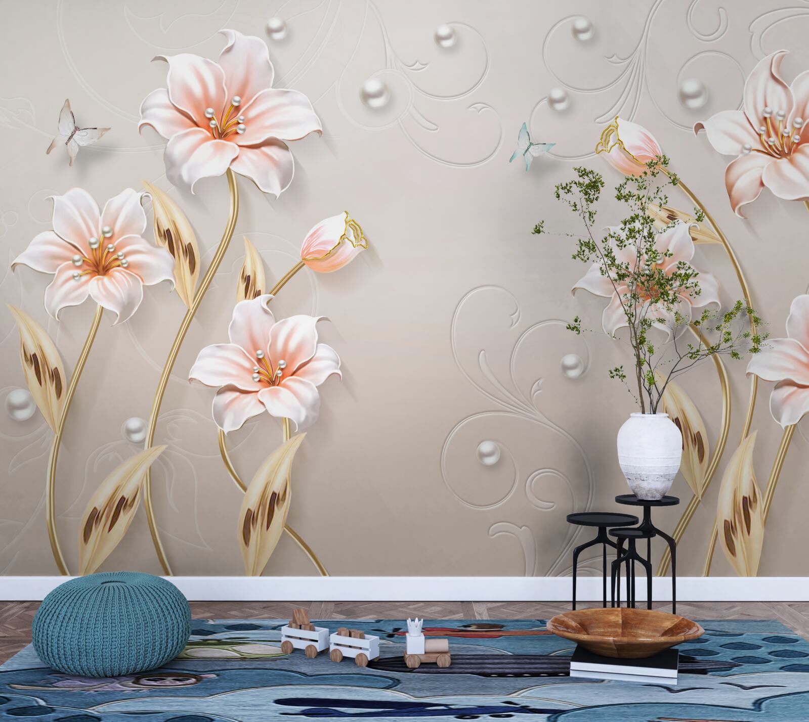 Papier peint fleurs en métal et nacre