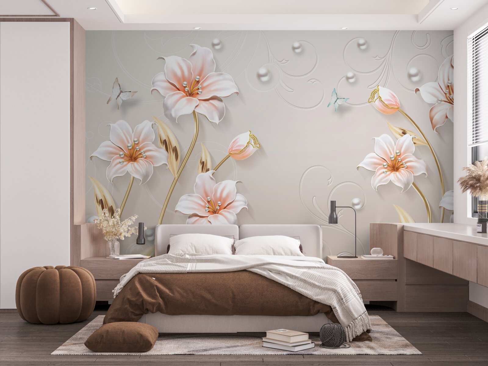 Papier peint fleurs en métal et nacre