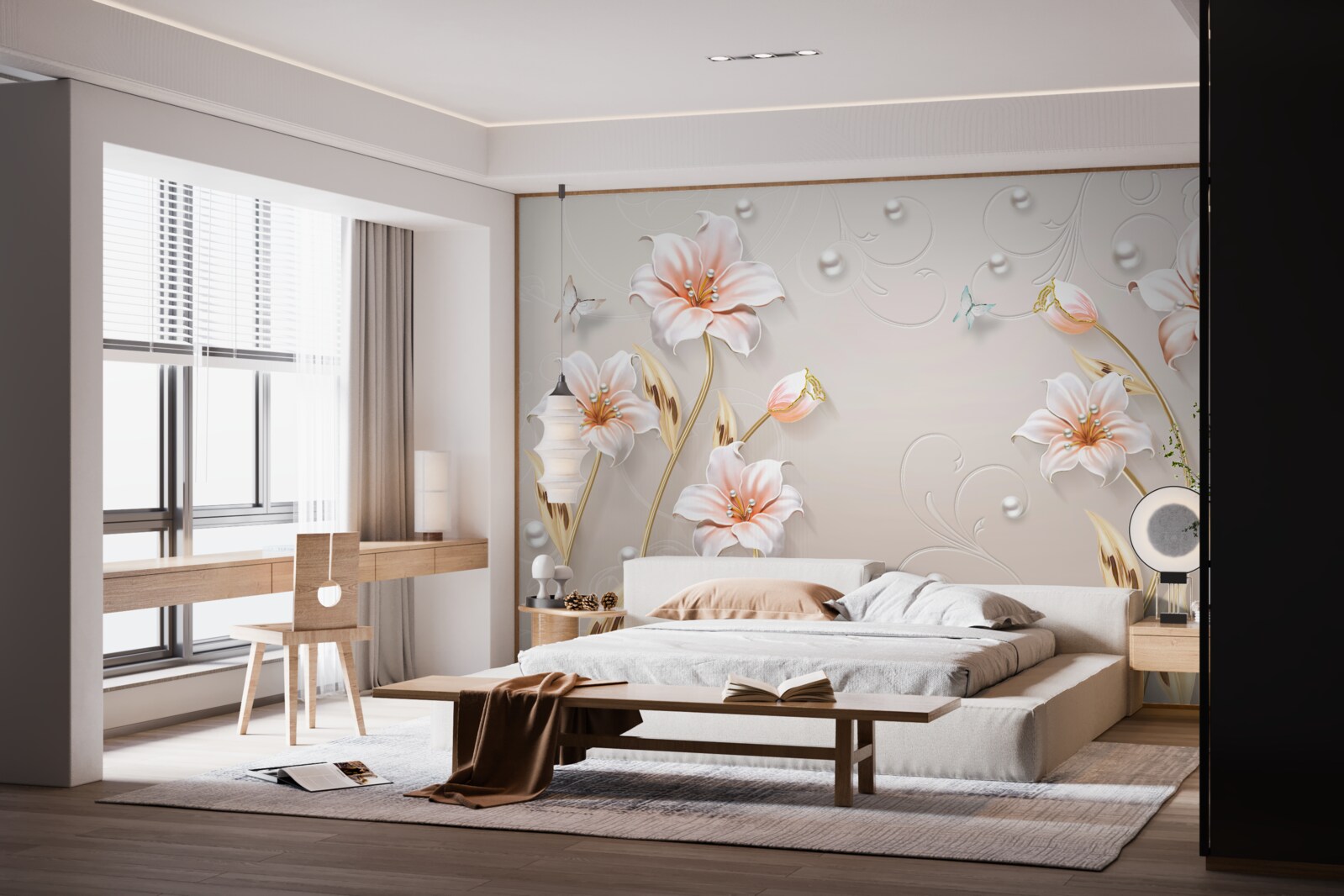 Papier peint fleurs en métal et nacre