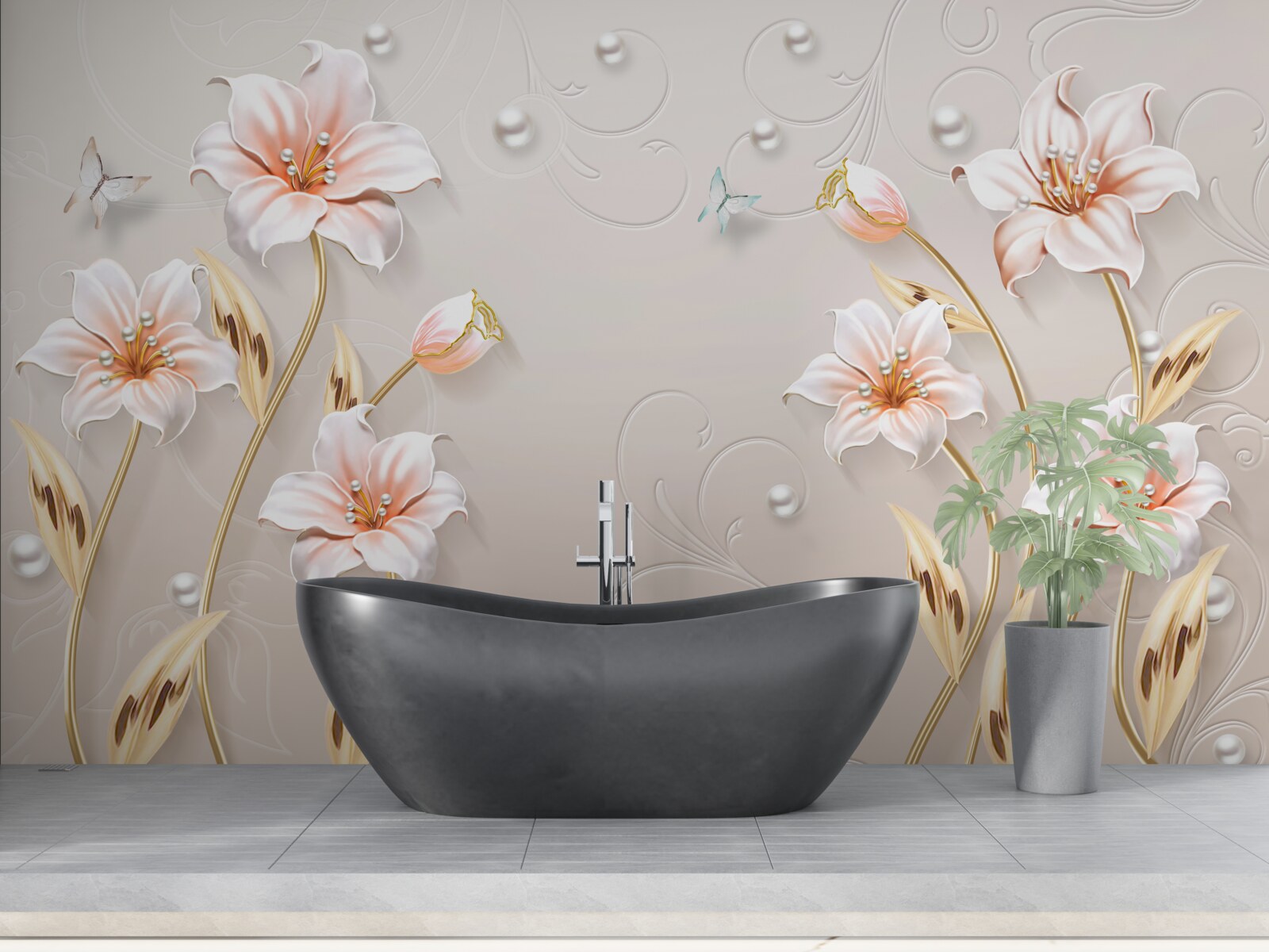 Papier peint fleurs en métal et nacre