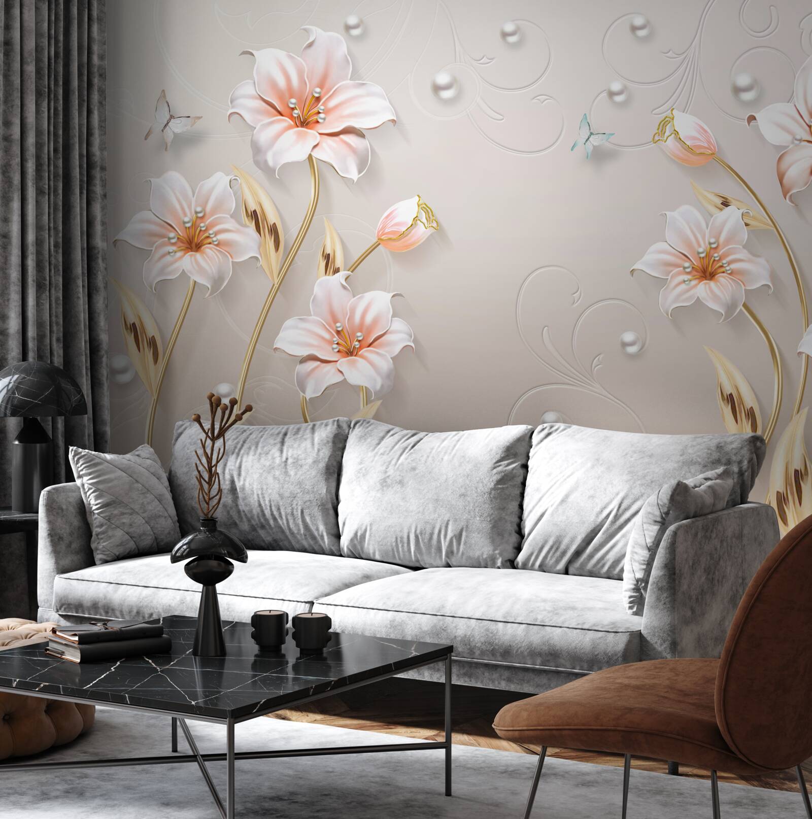 Papier peint fleurs en métal et nacre