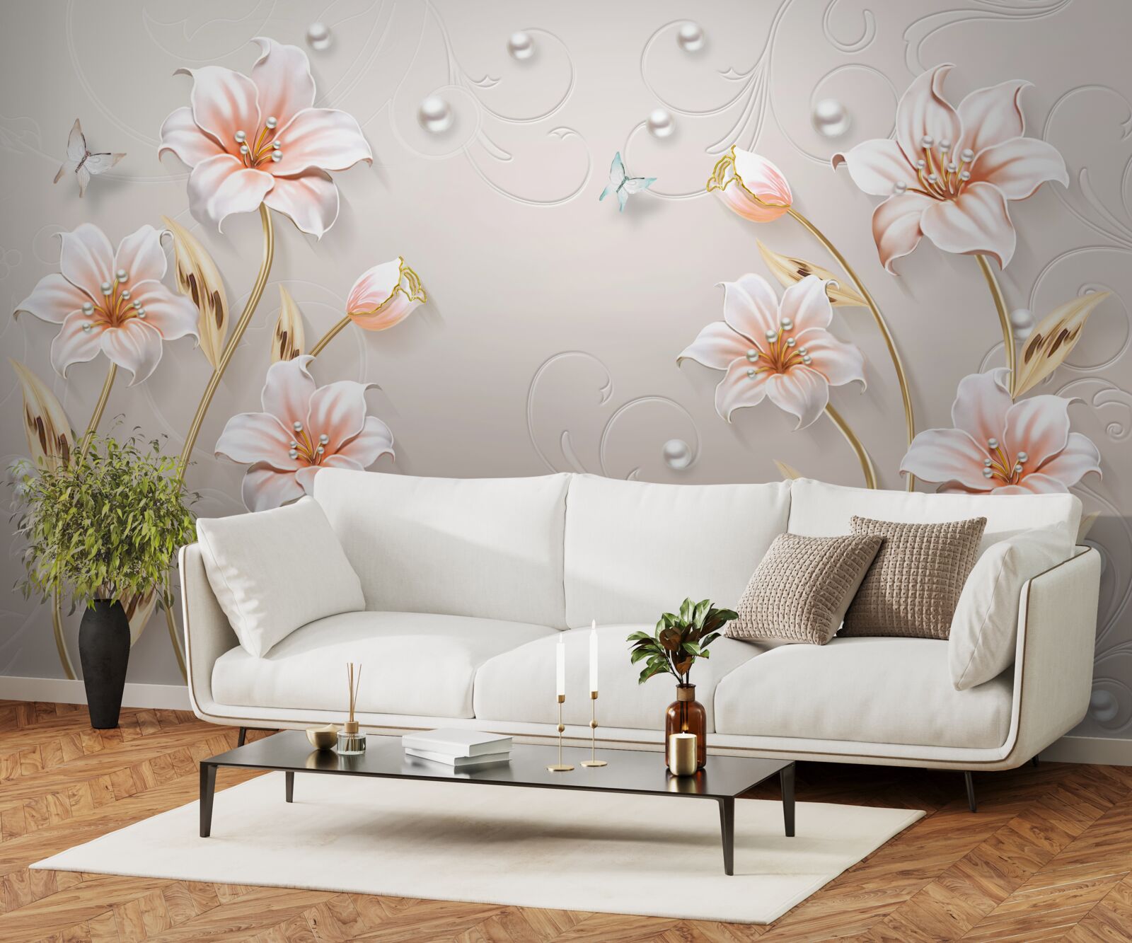 Papier peint fleurs en métal et nacre