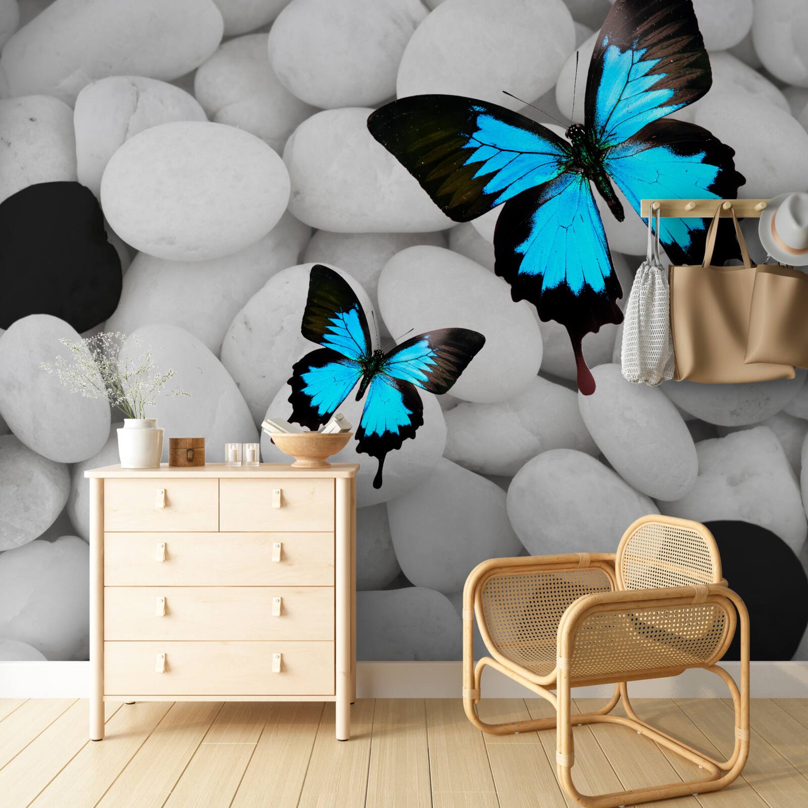 Papier peint papillons colorés sur des pierres brillantes