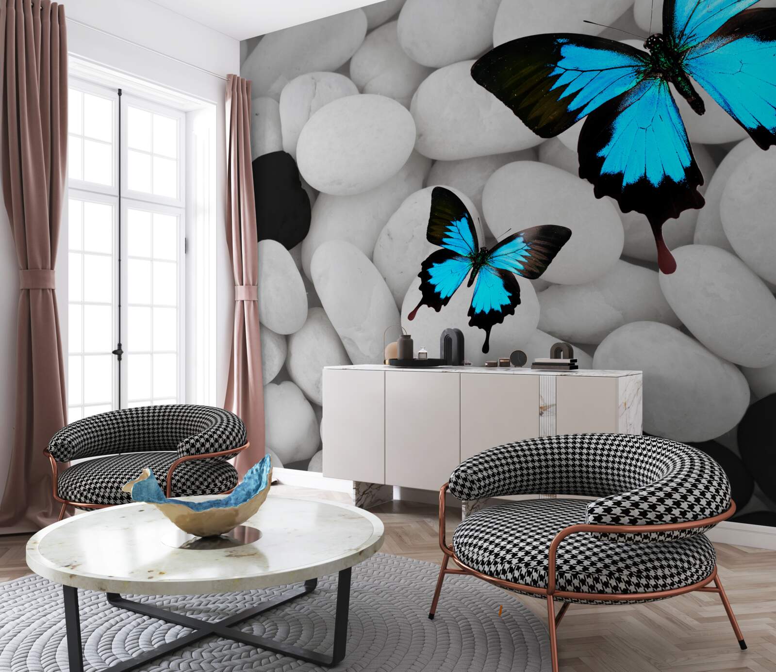 Papier peint papillons colorés sur des pierres brillantes