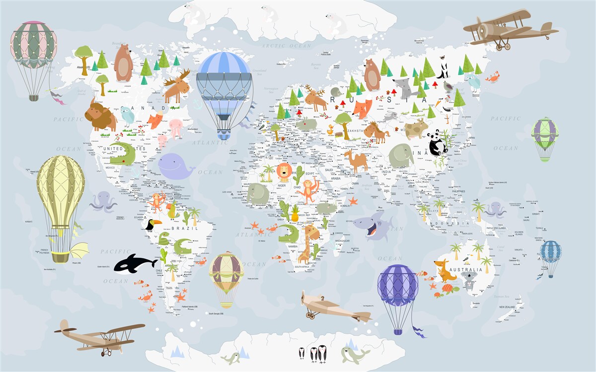 Papier peint carte du monde avec des ballons