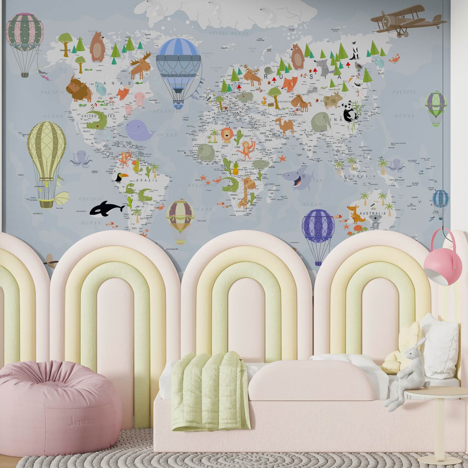 Papier peint carte du monde avec des ballons