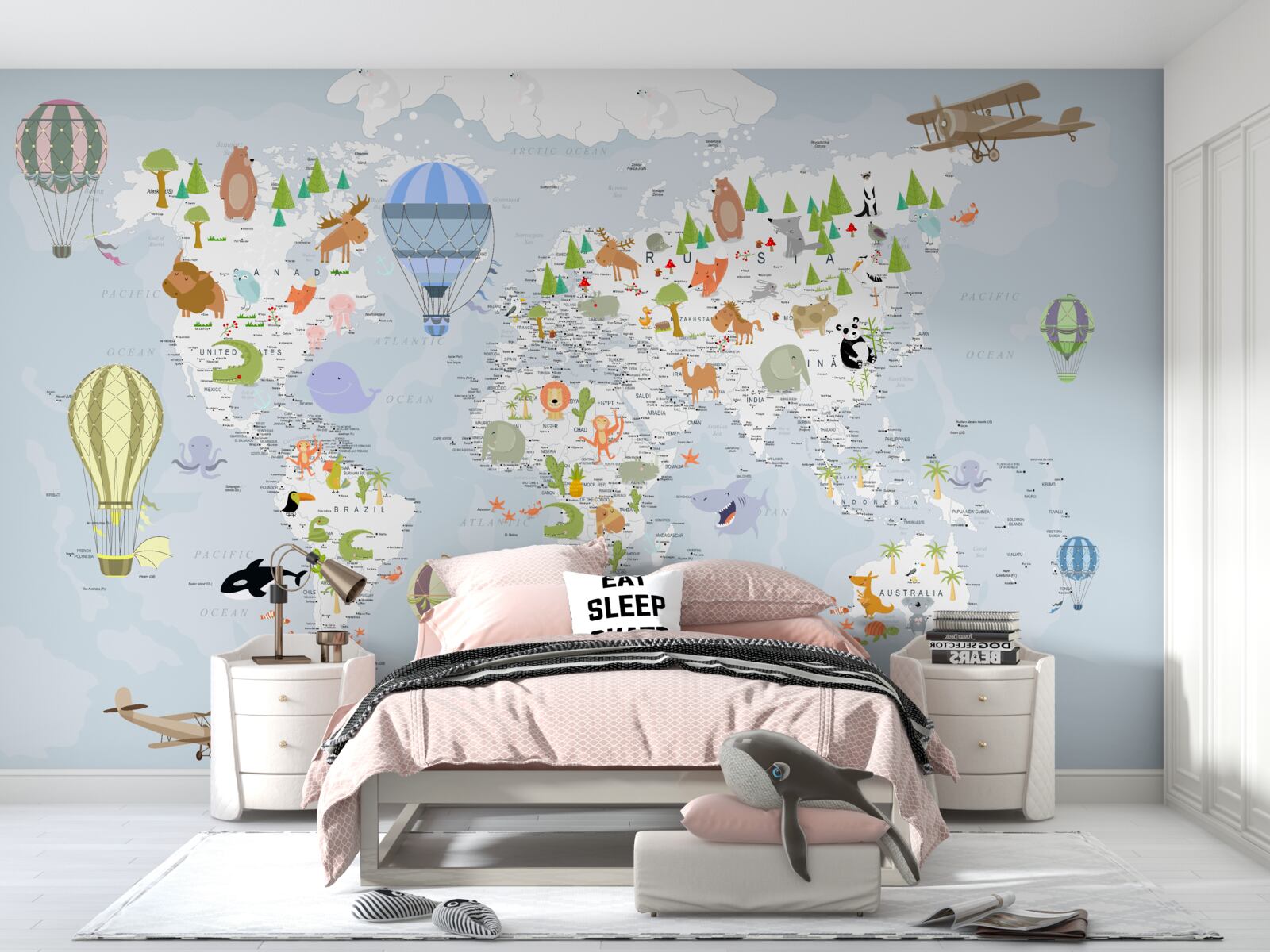 Papier peint carte du monde avec des ballons