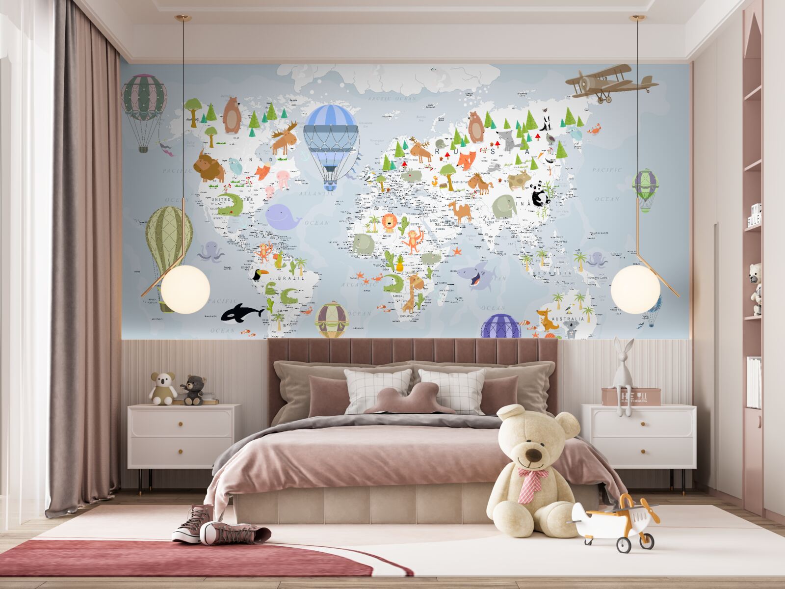 Papier peint carte du monde avec des ballons