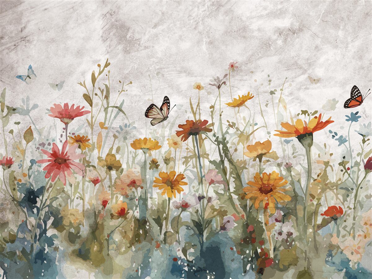 Papier peint fleurs avec papillons à l'aube