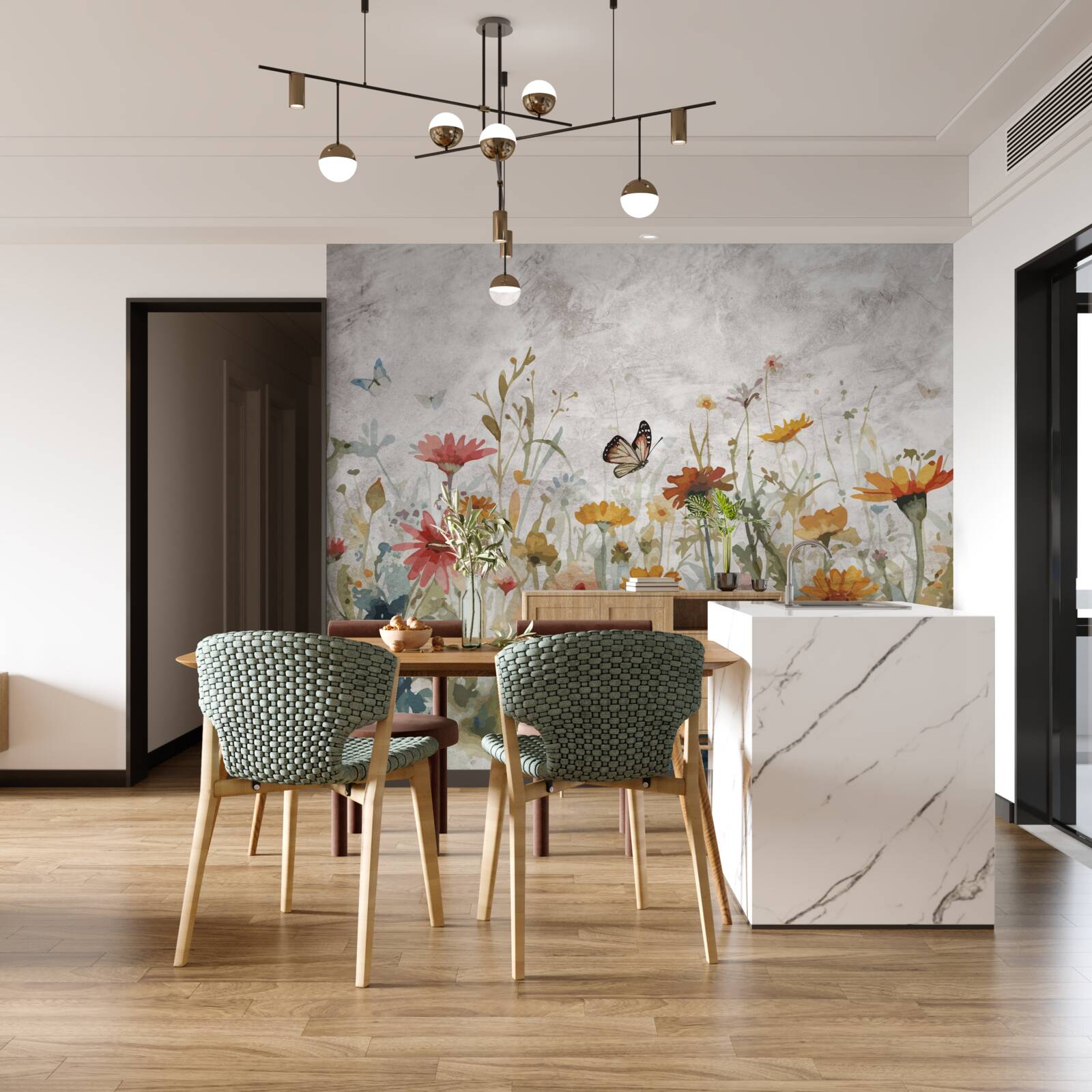 Papier peint fleurs avec papillons à l'aube