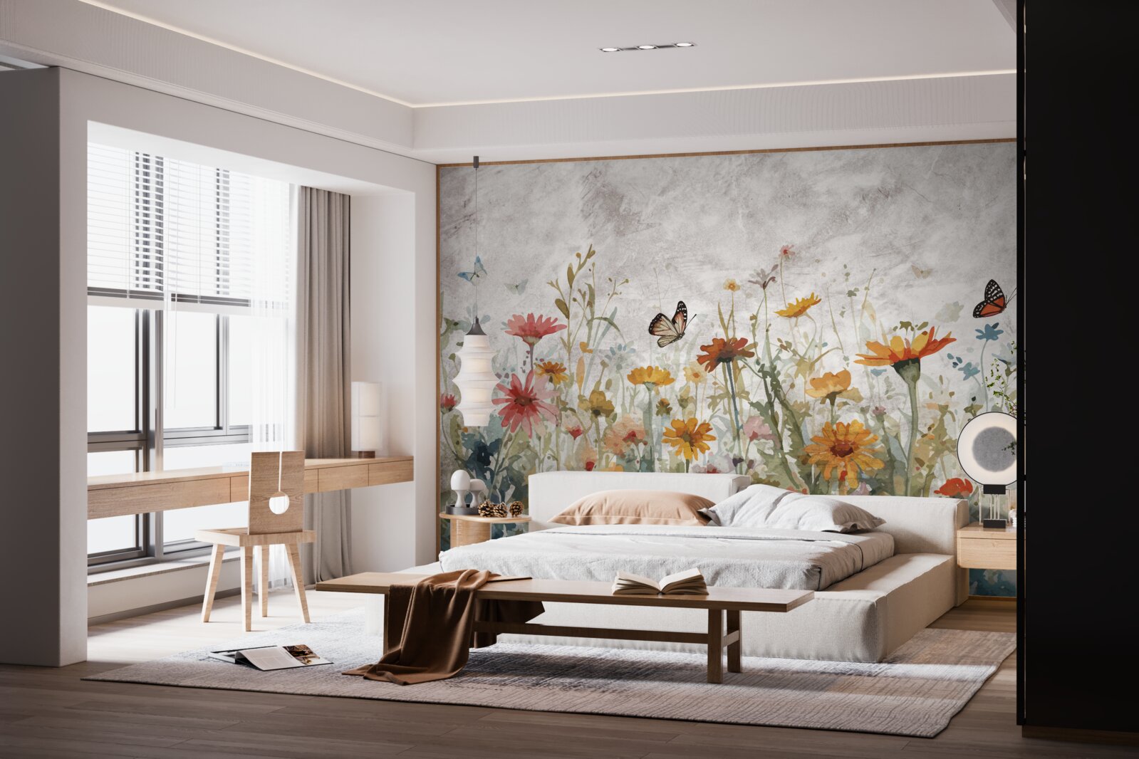 Papier peint fleurs avec papillons à l'aube