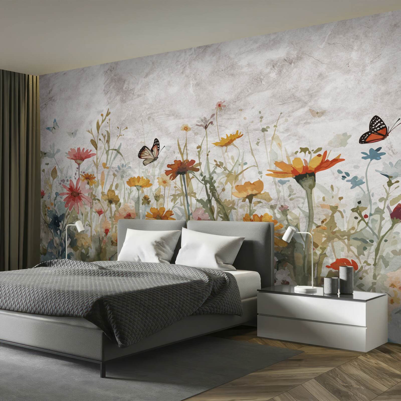 Papier peint fleurs avec papillons à l'aube