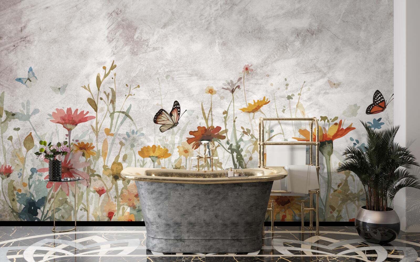 Papier peint fleurs avec papillons à l'aube