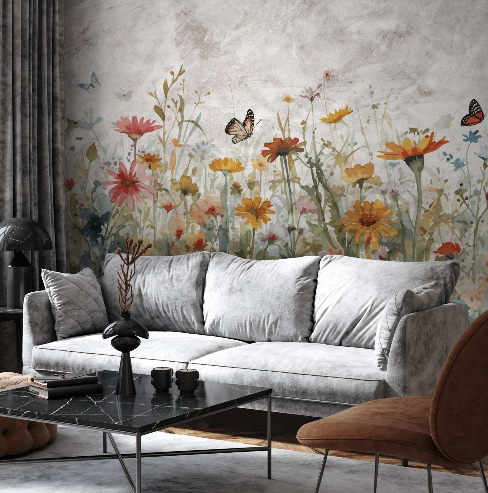 Papier peint fleurs avec papillons à l'aube