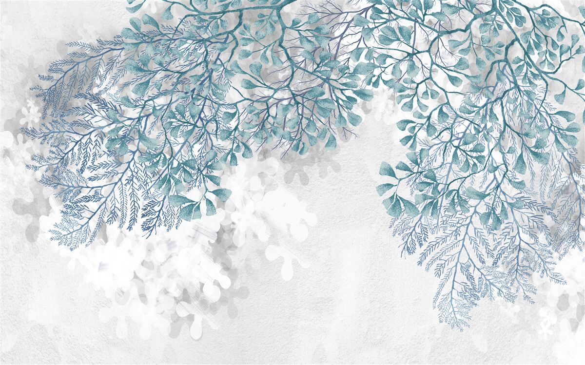 Papier peint fond blanc avec des feuilles vertes