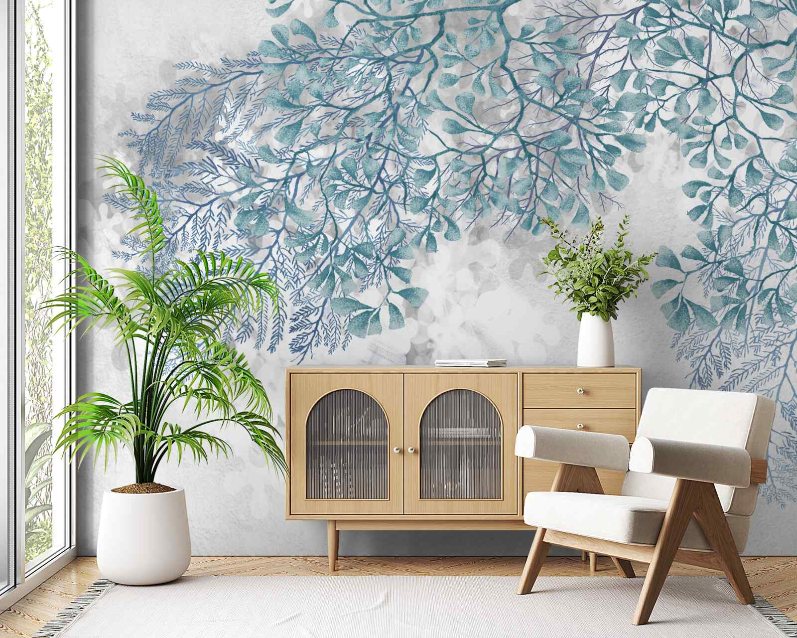 Papier peint fond blanc avec des feuilles vertes