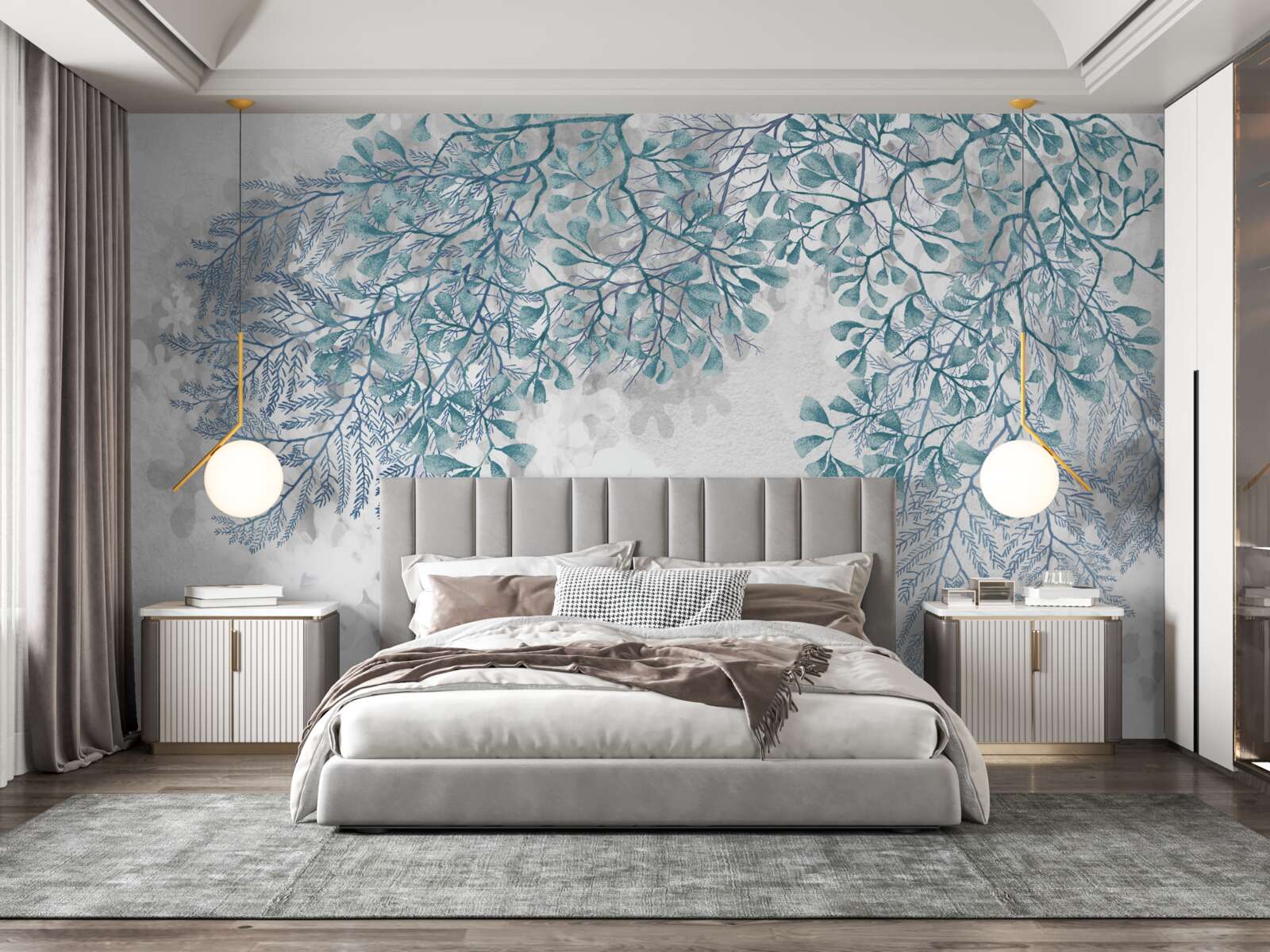 Papier peint fond blanc avec des feuilles vertes