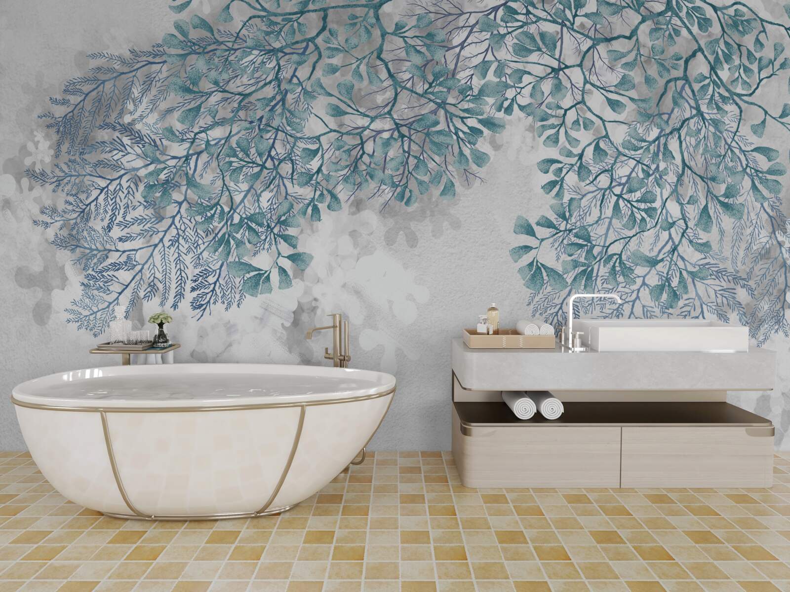 Papier peint fond blanc avec des feuilles vertes