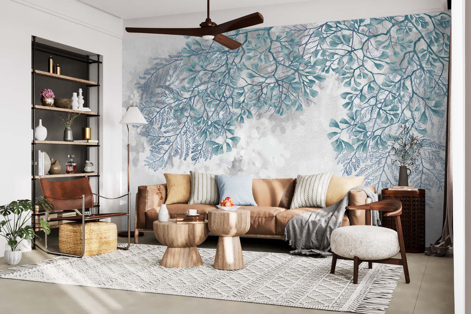 Papier peint fond blanc avec des feuilles vertes