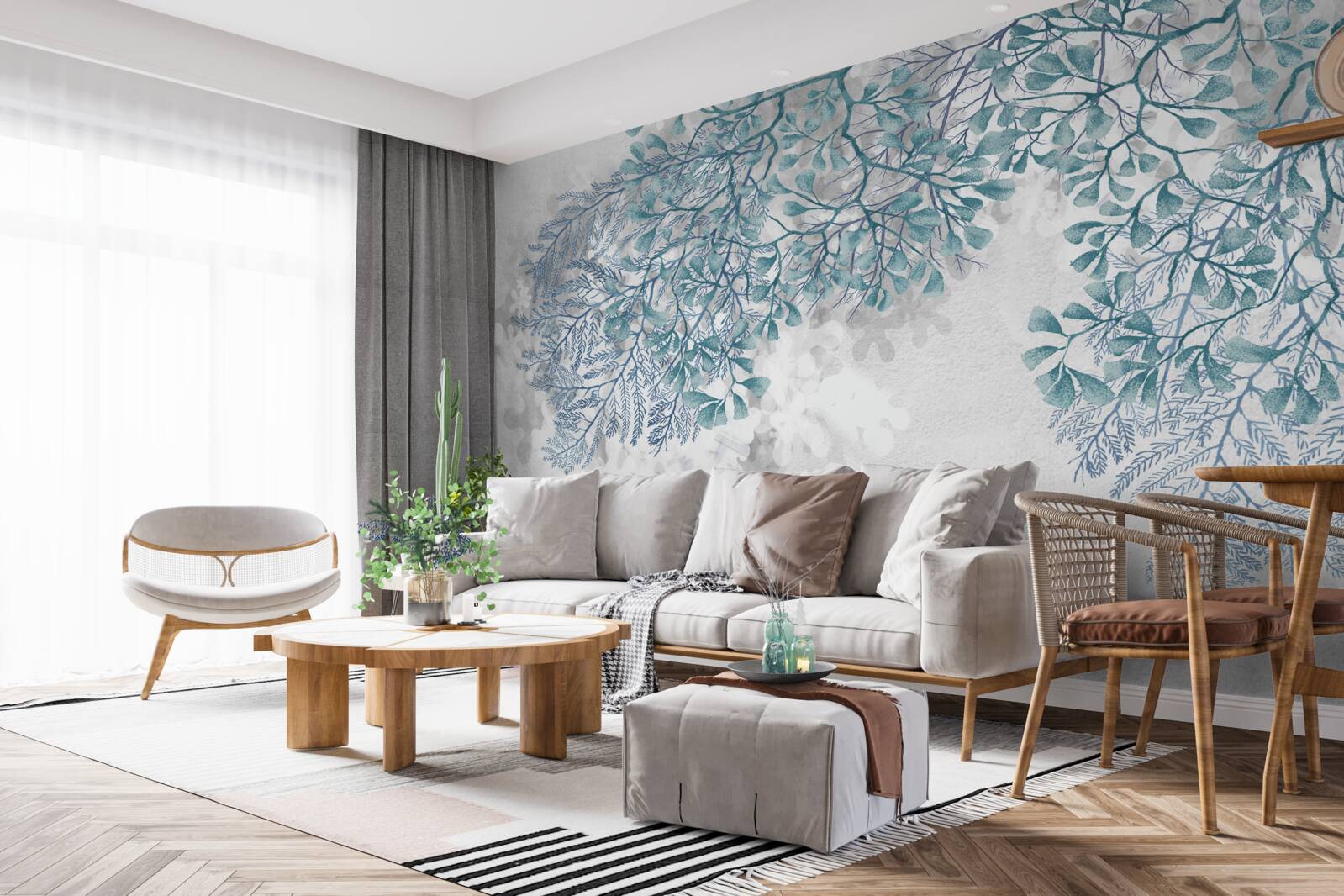 Papier peint fond blanc avec des feuilles vertes