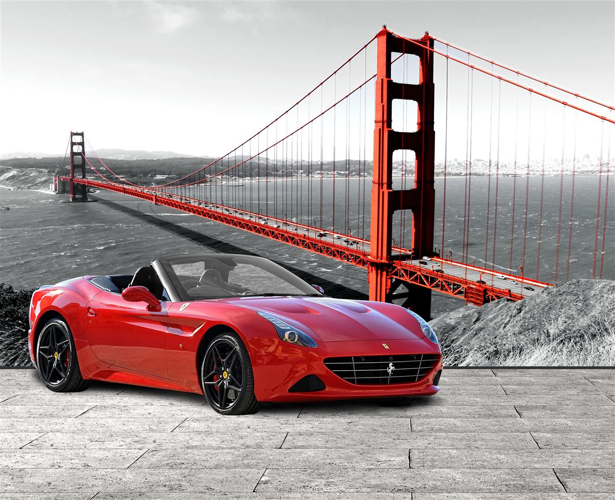 Papier peint voiture rouge et pont