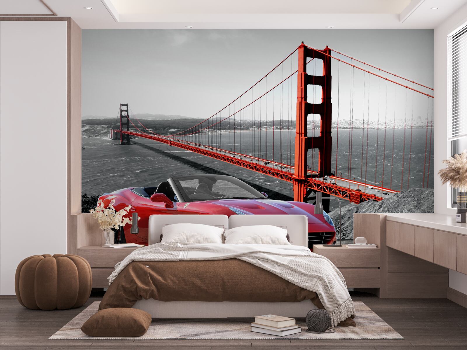 Papier peint voiture rouge et pont