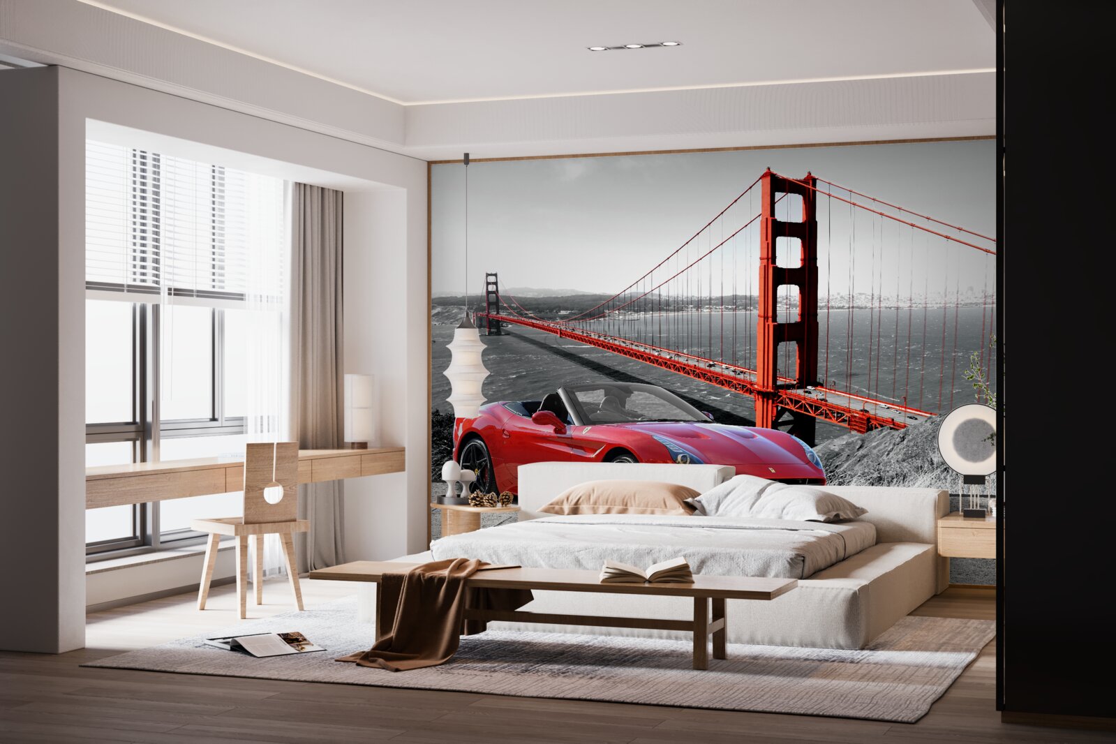 Papier peint voiture rouge et pont