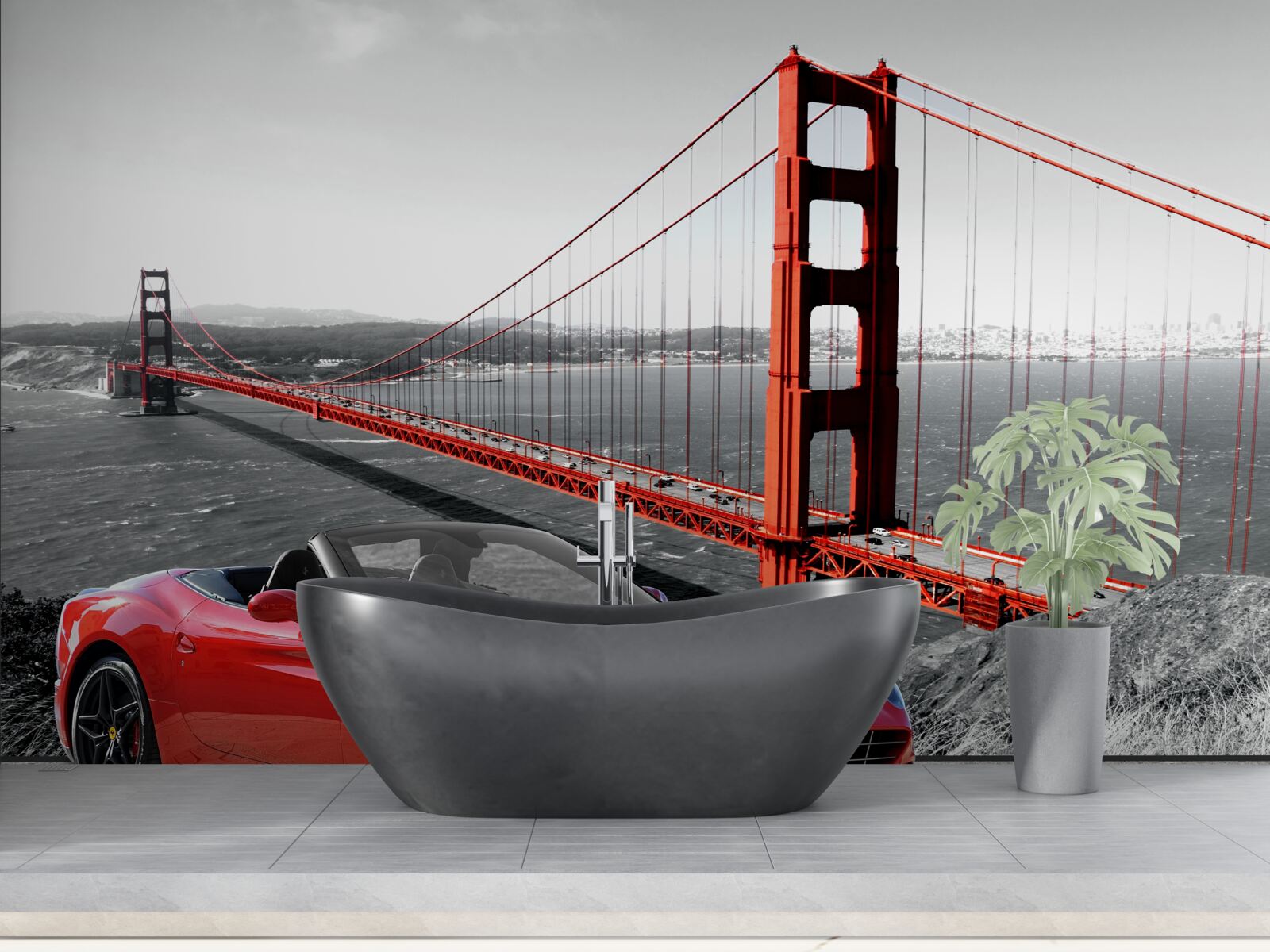 Papier peint voiture rouge et pont