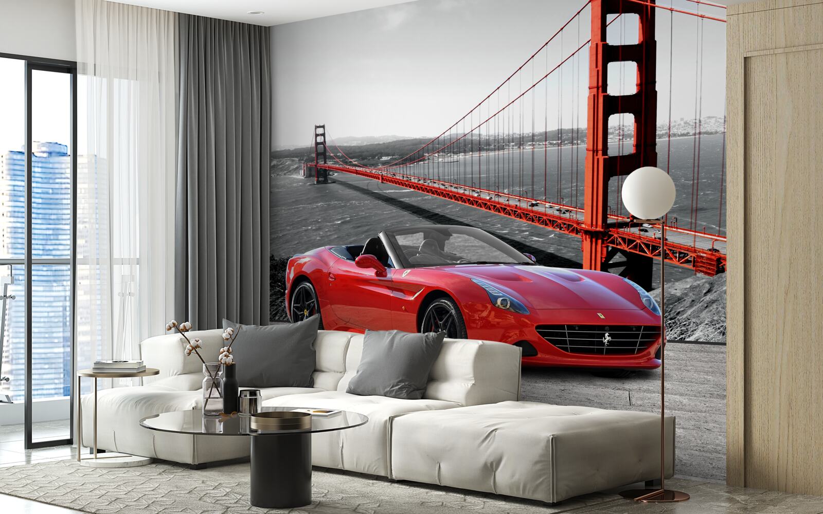 Papier peint voiture rouge et pont