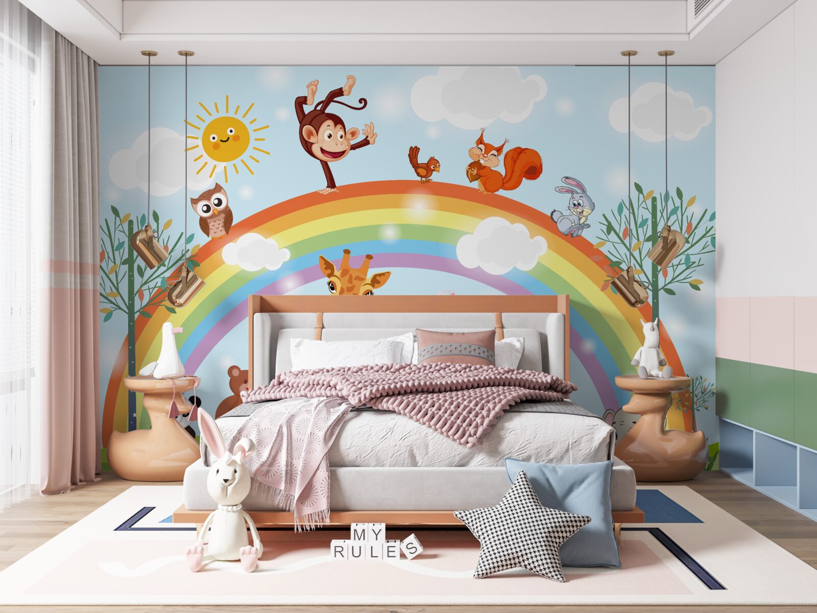 Papier peint les animaux s'amusent en regardant l'arc-en-ciel