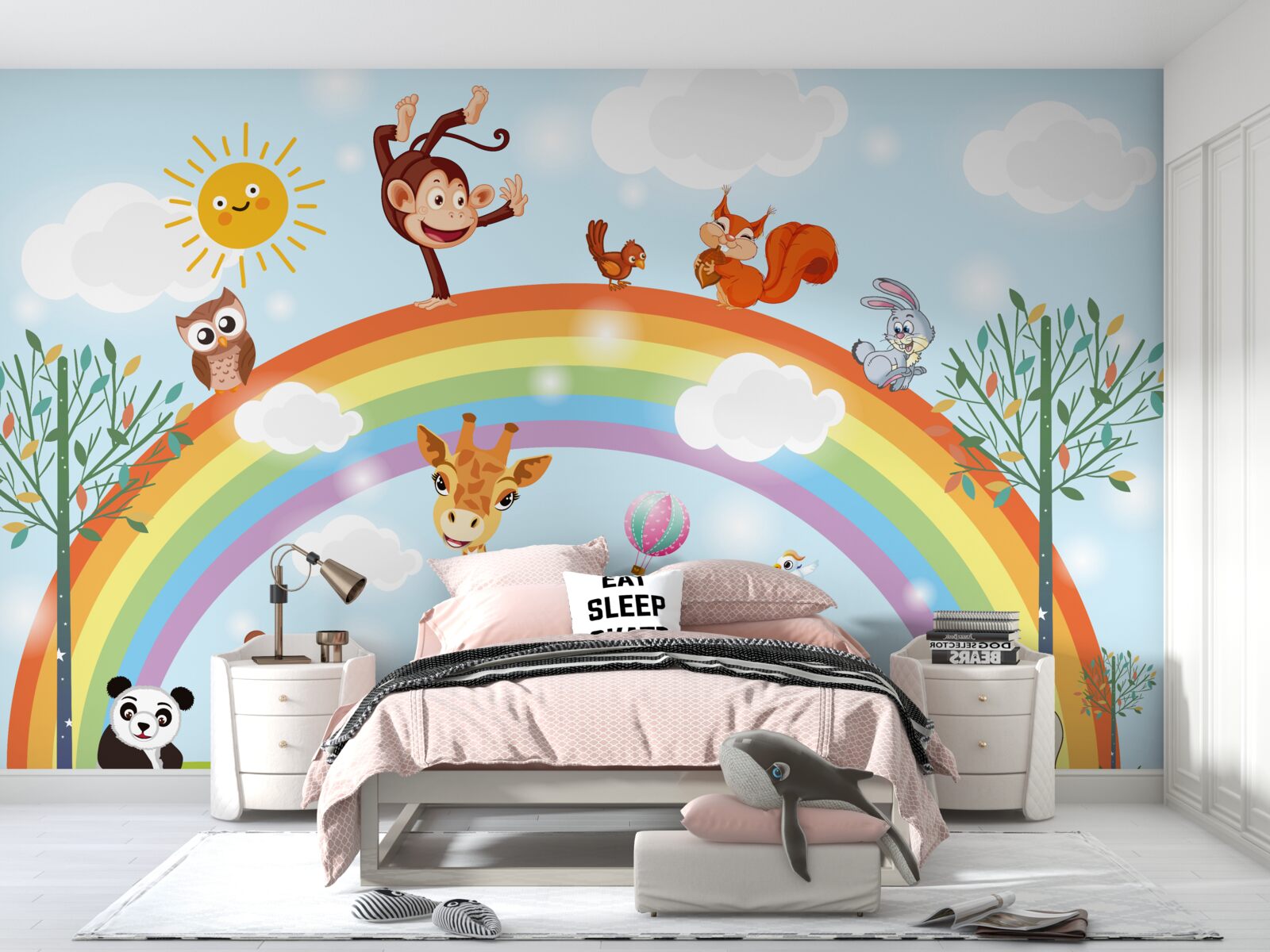 Papier peint les animaux s'amusent en regardant l'arc-en-ciel