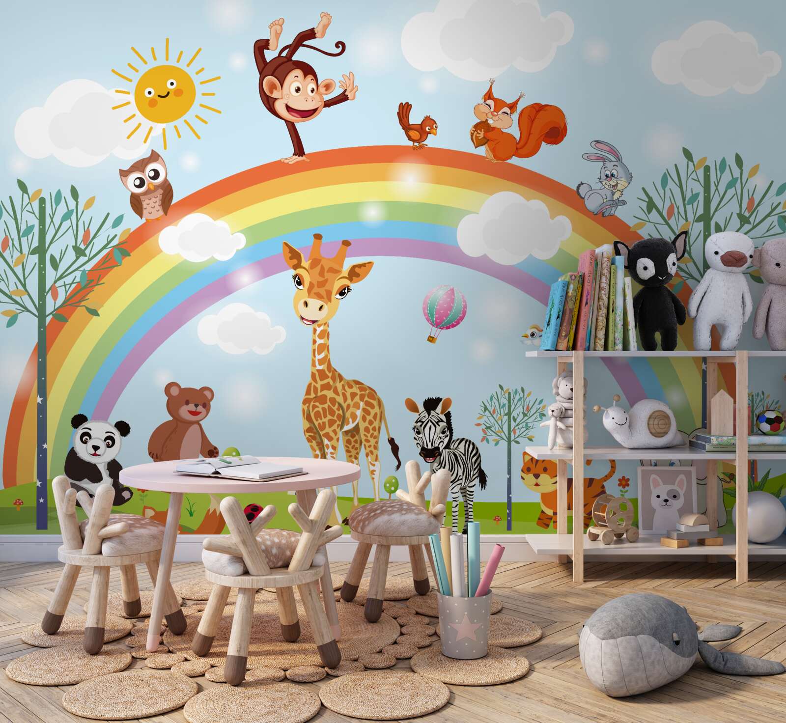 Papier peint les animaux s'amusent en regardant l'arc-en-ciel